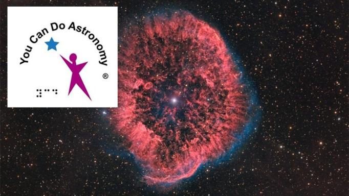 Logo of You Can Do Astronomy with the words in black, Braille 'YCD' in black and a representation of a magenta figure reaching for a blue star, all on a white background.  The rest of the image is a false color photograph of Nebula RCW 58 .